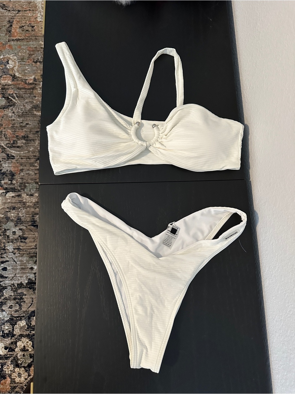 Blackbough White Ribbed Asymmetric Ring-Detail Bikini Set